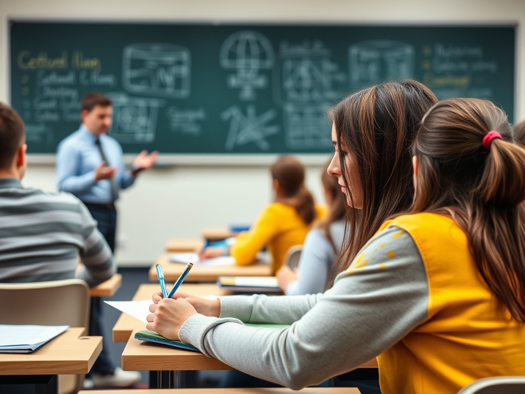 На уроке сидят студенты, преподаватель объясняет материал у доски. Ученики пишут заметки.