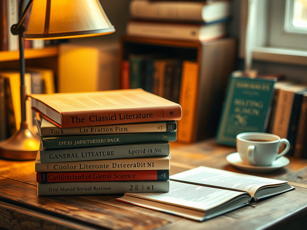 На столе стоят книги, рядом с чашкой кофе и настольной лампой. Атмосфера уюта и спокойствия.