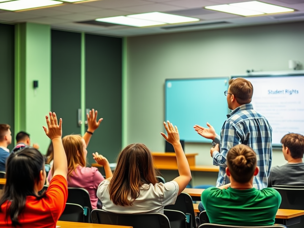 Студенты поднимают руки для вопросов на занятии о правах студентов. Преподаватель объясняет материал.
