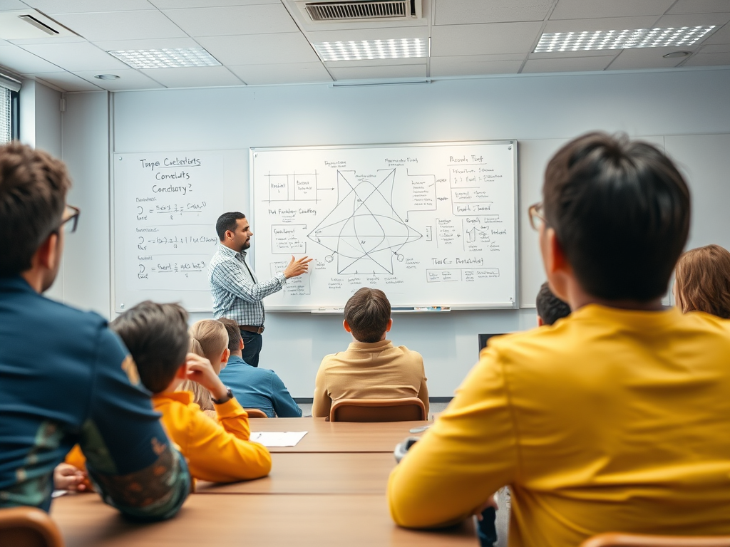 Преподаватель объясняет тему на доске, студенты слушают, сидя за партами. Классная комната, учебный процесс.