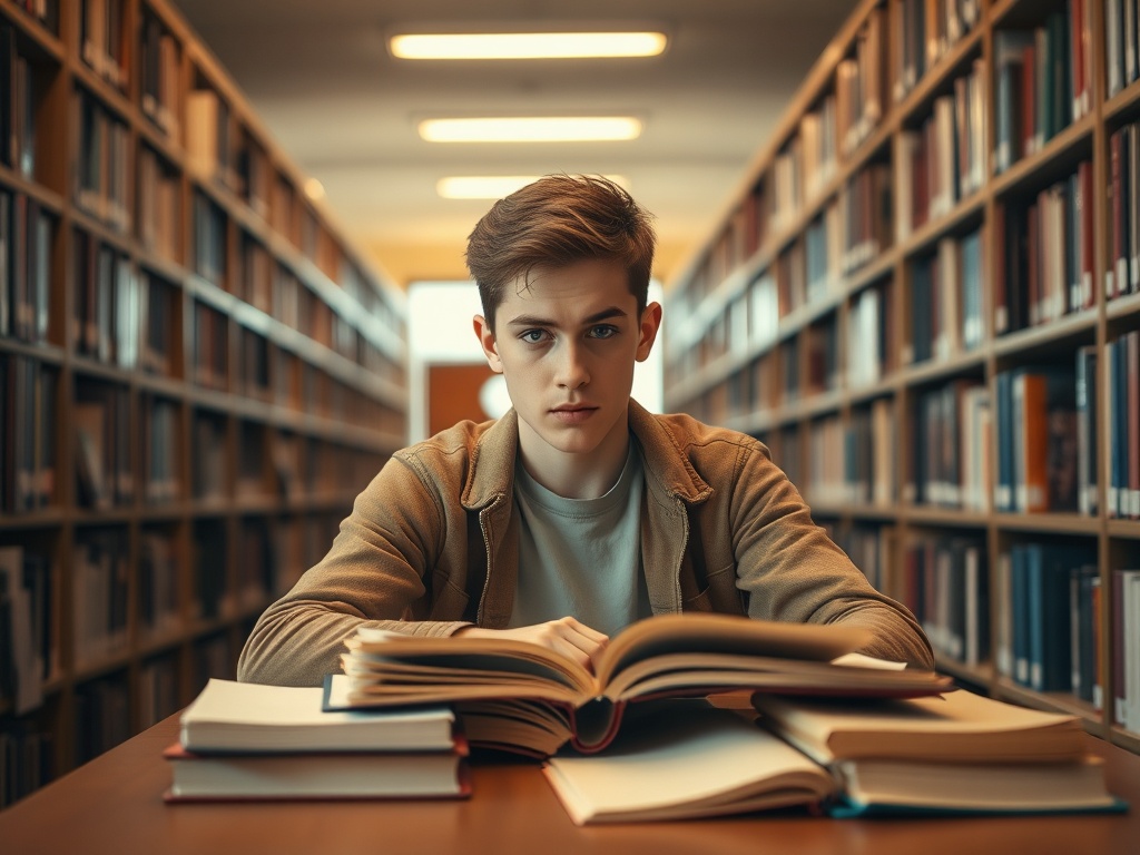 Молодой человек сидит за столом в библиотеке, погруженный в изучение книг. Вокруг много полок с книгами.
