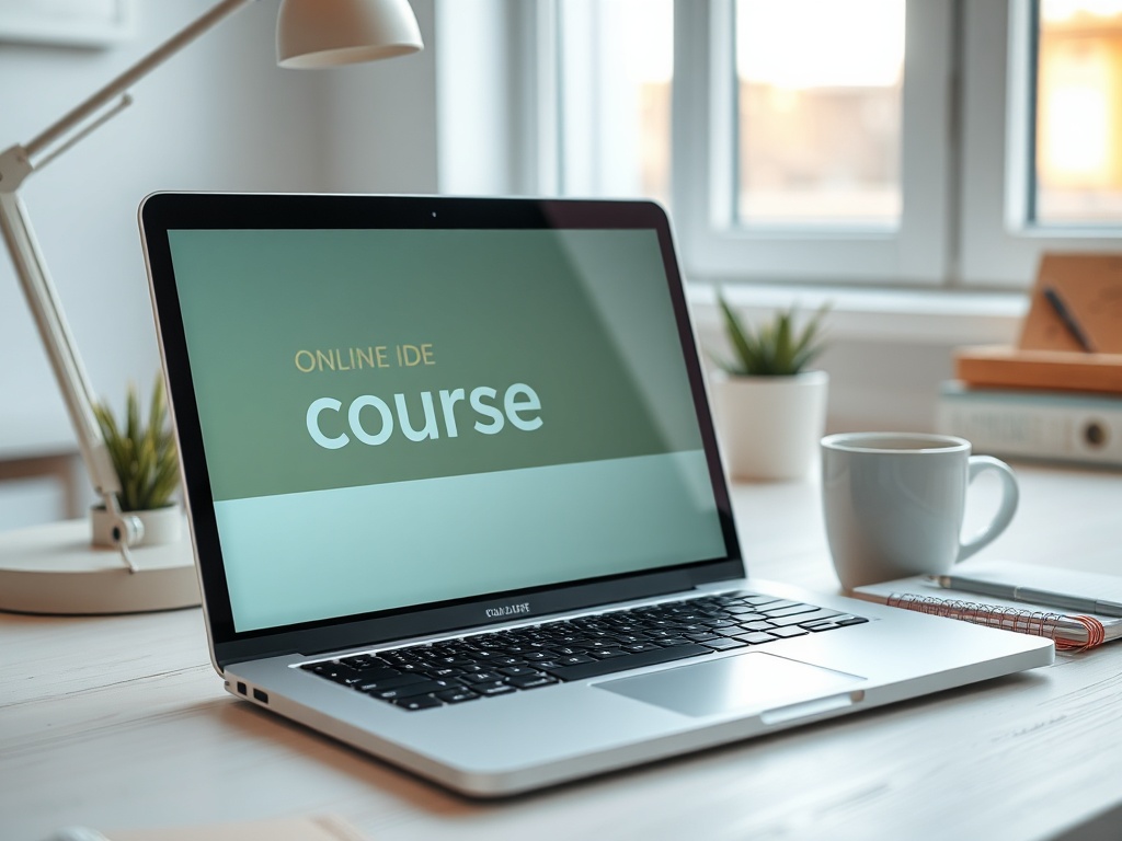 На экране ноутбука текст "ONLINE IDE course", рядом чашка кофе и блокнот на столе с растением.