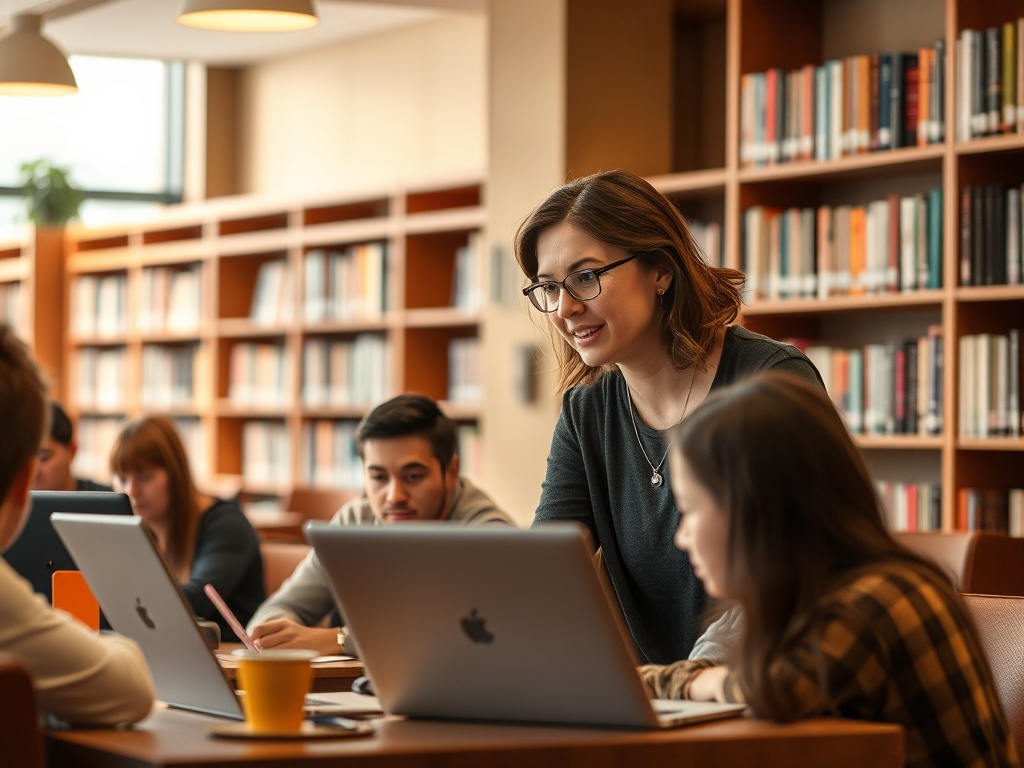 Студенты обсуждают проект в библиотеке с преподавателем, работающим на ноутбуке. Уютная обстановка.