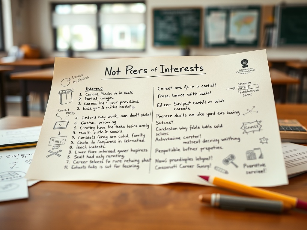 Неопознанный документ с списком интересов и карьерных вариантов на фоне учебного класса.