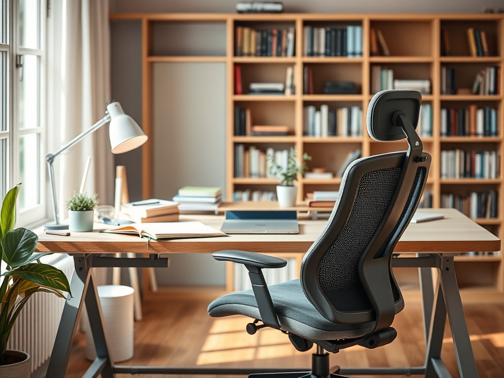 Современный офис с деревянным столом, креслом, лампой и полками, заполненными книгами.