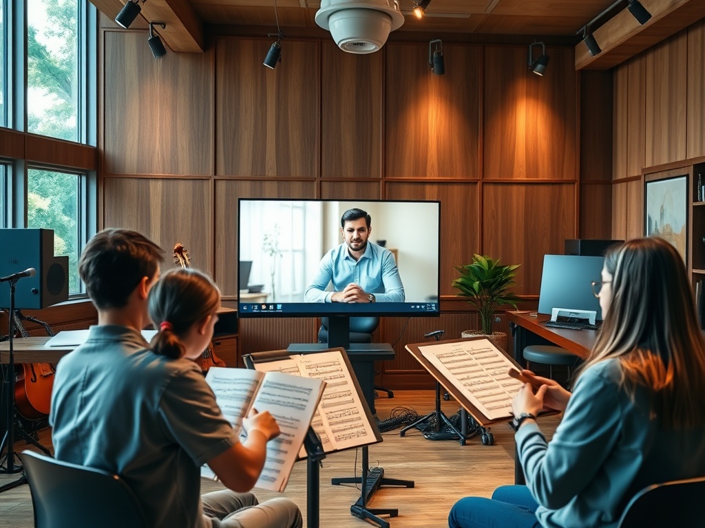 На изображении группа музыкантов репетирует в студии, общаясь с учителем по видеосвязи на экране.