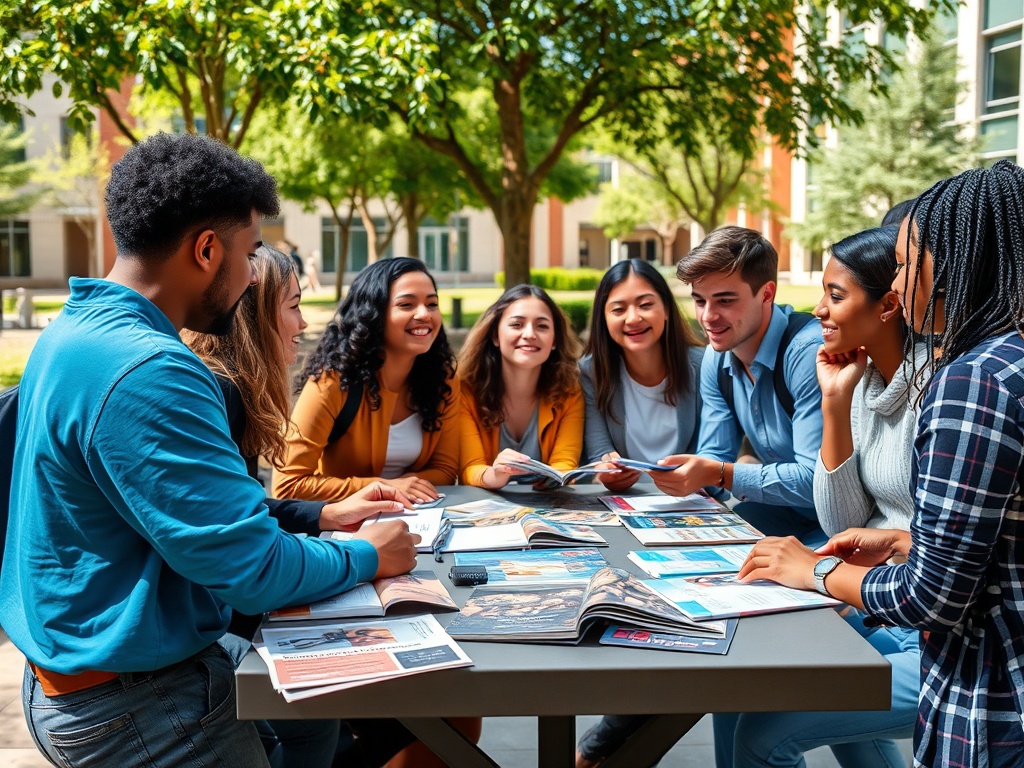 Группа студентов обсуждает материалы за столом на улице, улыбаются и общаются в дружеской атмосфере.