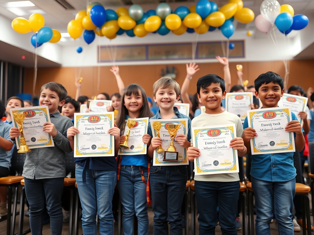 Группа детей с наградами и дипломами на торжественной церемонии в зале, заполненном шарами.