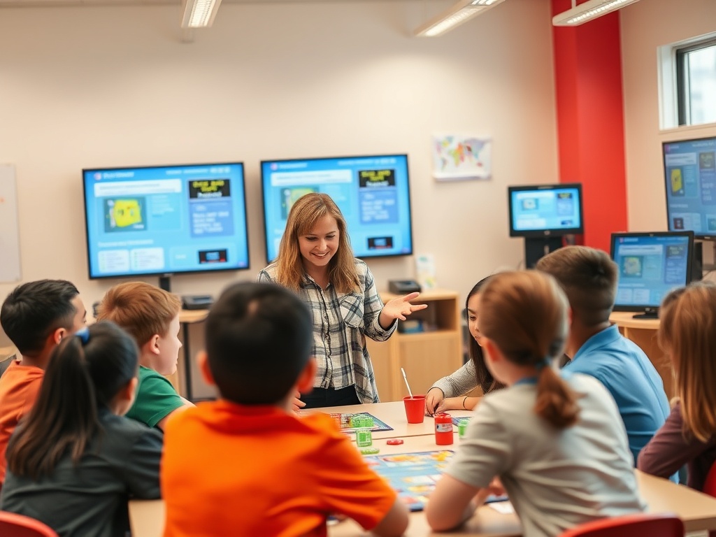 В классе учитель объясняет задачу группе учеников, которые активно участвуют в обсуждении.