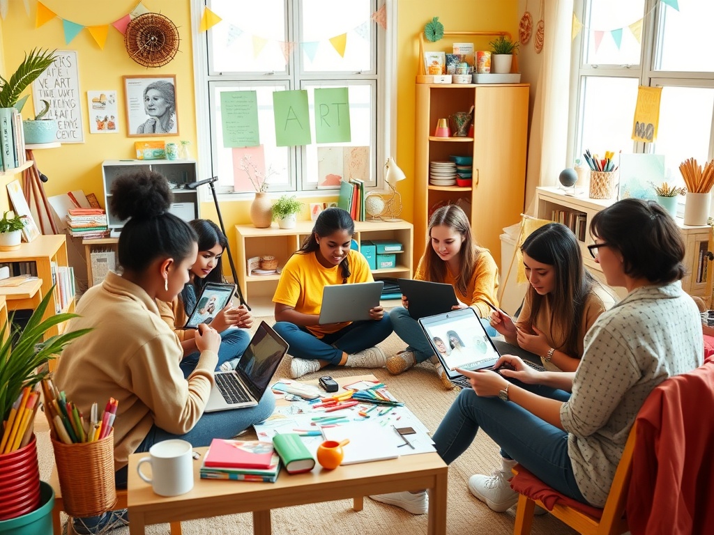 Группа девушек в комнате обсуждают идеи, используя планшеты и ноутбук на фоне яркого интерьера.
