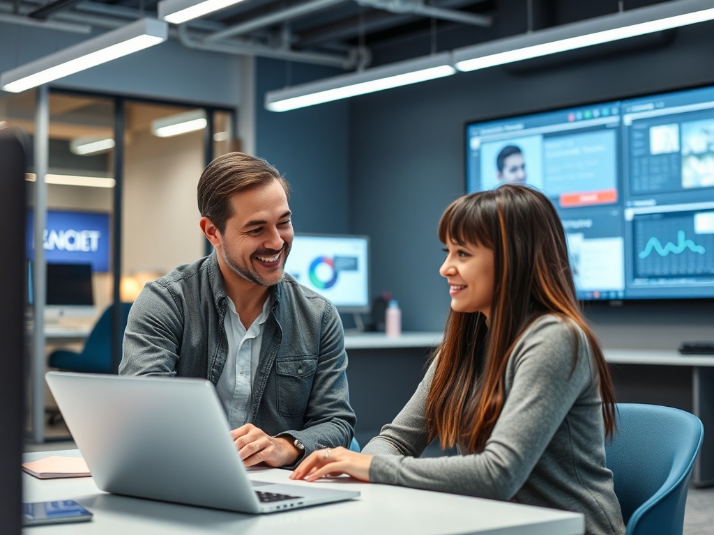 Два человека работают вместе за столом, улыбаясь и обсуждая проект в современных офисных условиях.