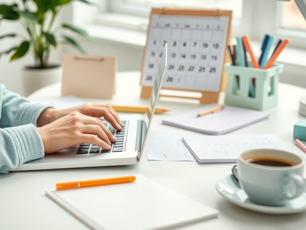 Человек печатает на ноутбуке, рядом чашка кофе, бумага и календарь на столе с офисными принадлежностями.