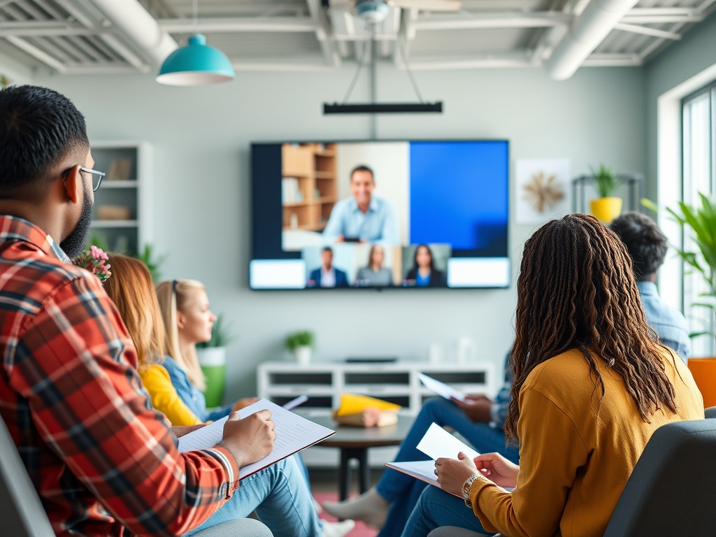 Группа людей в офисе смотрит на экран с видеозвонком и записывает заметки.