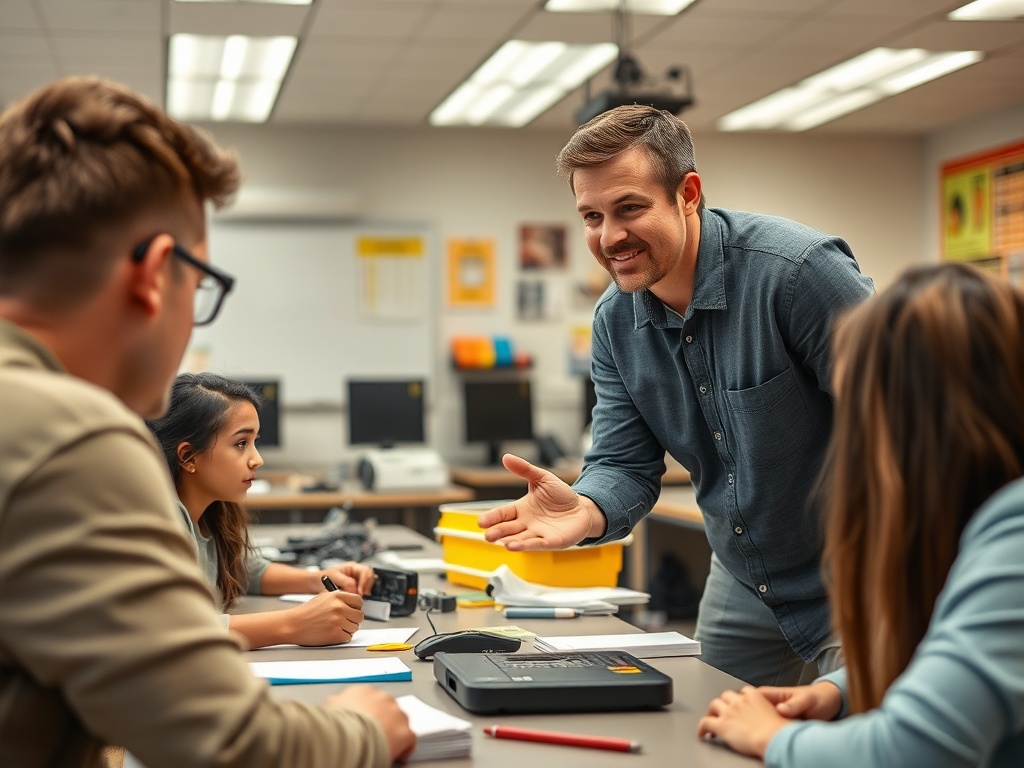 Учитель общается со своими учениками за столом в классе, обсуждая задания и материалы.