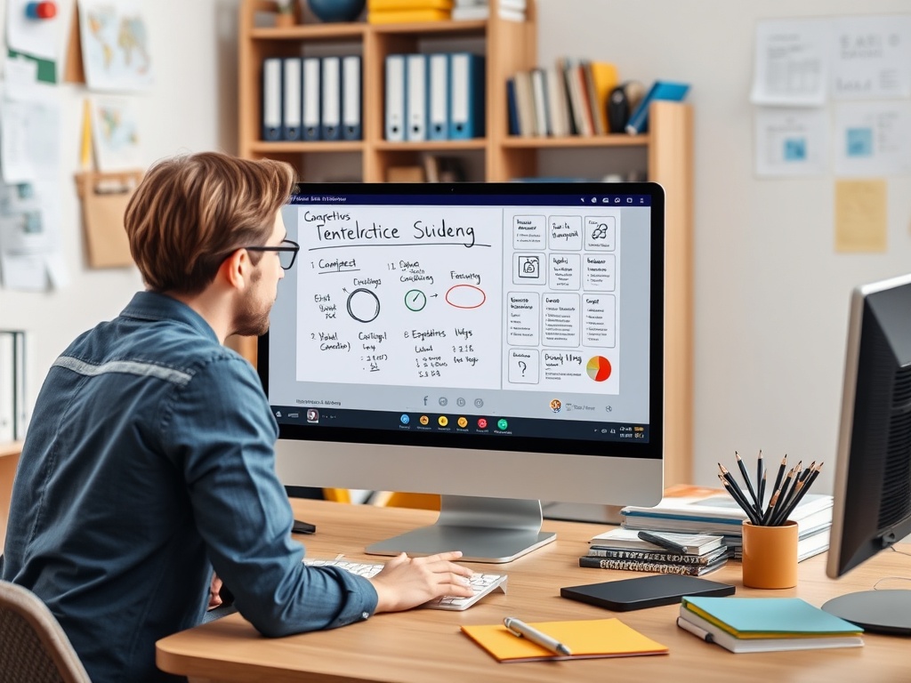 На изображении человек работает за столом, смотря на экран компьютера с графикой и заметками.