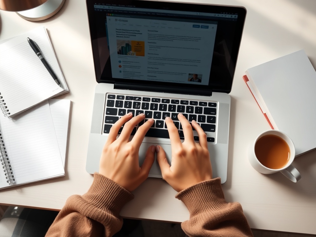 На столе лежит ноутбук, рядом блокнот, ручка и чашка чая. Человек печатает на клавиатуре.