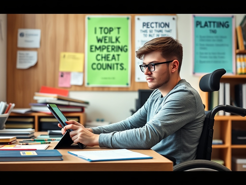 На изображении молодой человек в инвалидной коляске, работающий за столом с планшетом в руках. На стене постеры.