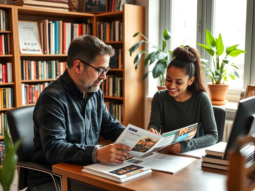 На изображении мужчина и женщина обсуждают материалы, сидя за столом в уютном офисе с книгами.