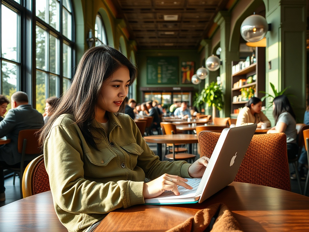 Молодая женщина за компьютером в кафе, сосредоточенно работает, вокруг другие посетители.