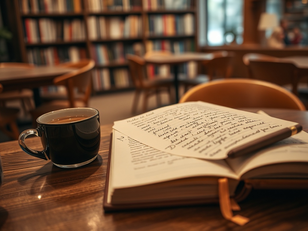 На столе лежит книга с запиской и чашка кофе, фоном — библиотека с полками, полными книг.