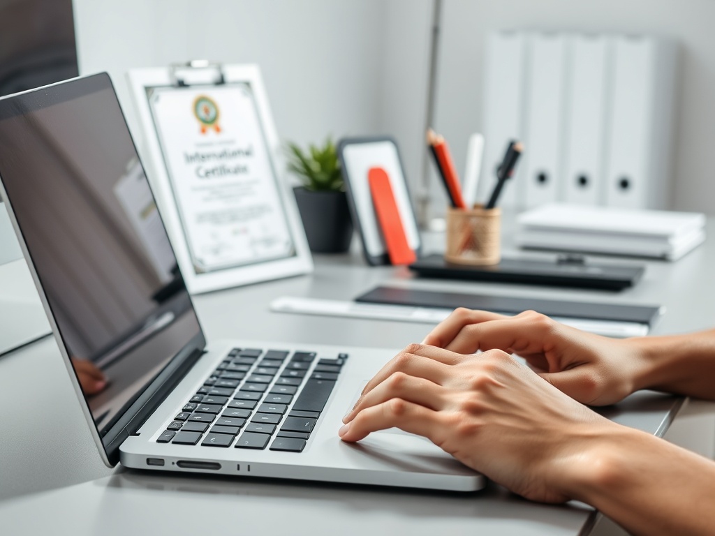 На столе ноутбук, руки пишут на клавиатуре, рядом сертификат и канцелярские принадлежности.