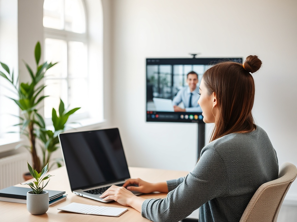 Женщина, работающая за ноутбуком, на видео-звонке с мужчиной на экране. Растения и блокнот на столе.