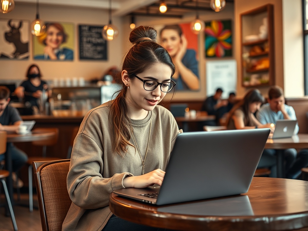 Молодая женщина с ноутбуком в кафе, сосредоточена на работе, вокруг другие посетители.