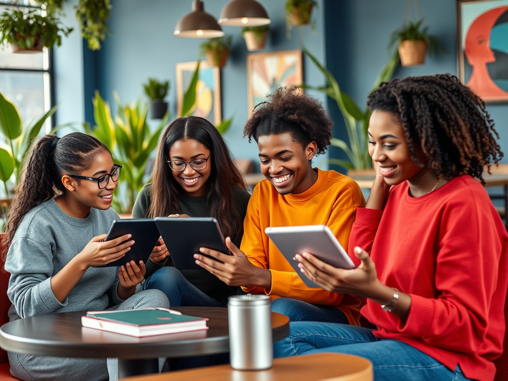 Четыре девушки с планшетами улыбаются и общаются в уютном кафе с зелеными растениями вокруг.