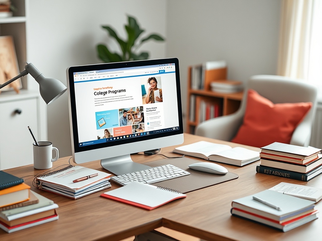 Рабочий стол с компьютером, книгами и канцелярскими принадлежностями. На экране сайт по учебным программам.