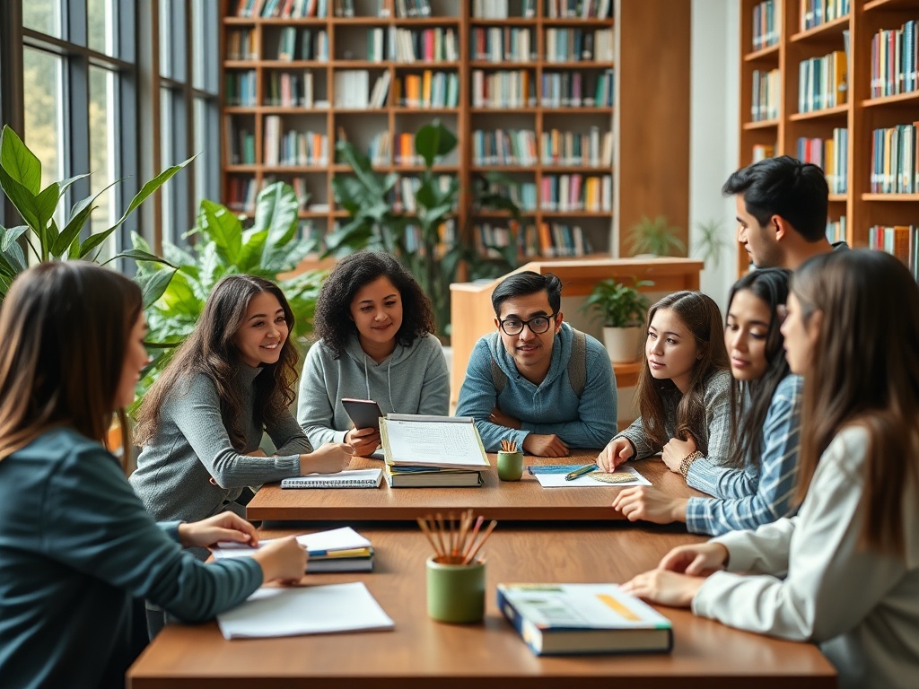 Группа студентов обсуждает учебные материалы в библиотеке, окружённые растениями и книгами.