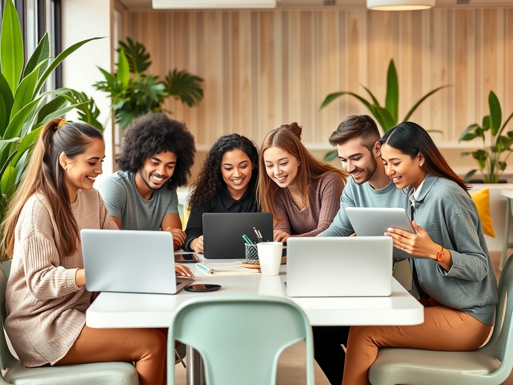 Группа молодых людей сидит за столом, используя ноутбуки и планшеты, и обсуждает идеи.