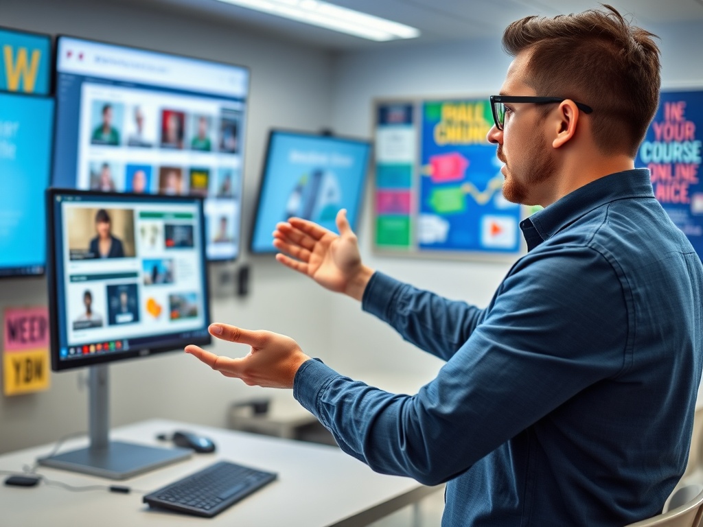 Молодой человек общается с аудиторией, используя компьютер и экраны с видеозвонками. Современная обстановка.