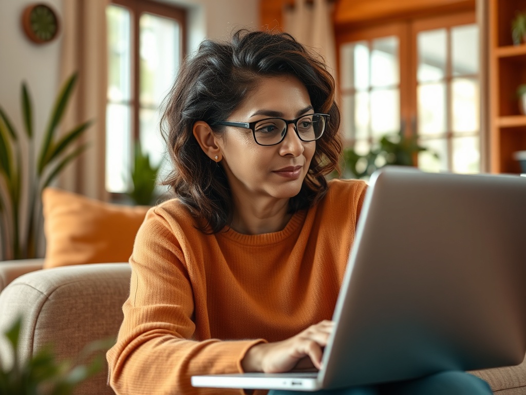 Женщина с кудрявыми волосами и очками сидит на диване, работает на ноутбуке. Вокруг уютная домашняя обстановка.