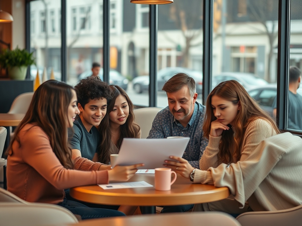 Группа людей за столом в кафе, смотрят на документы и обсуждают идеи с улыбками на лицах.