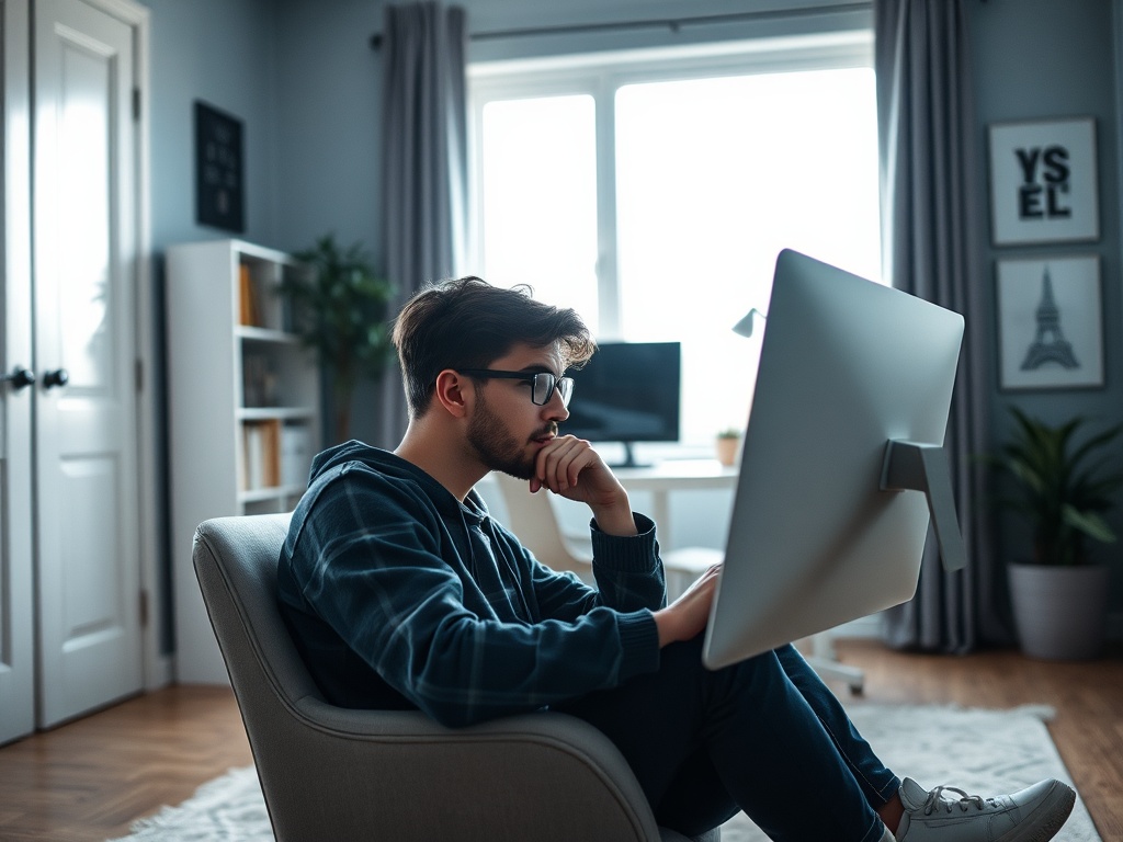 Молодой человек в синем свитере задумчиво смотрит на экран компьютера в уютной комнате.
