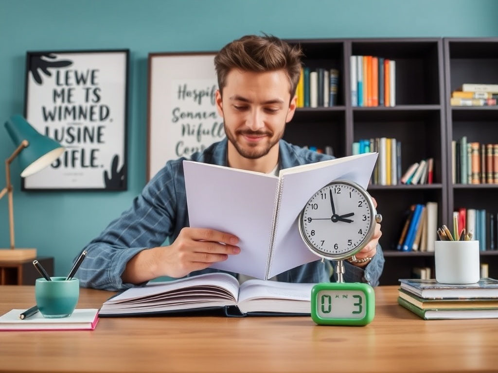 Молодой человек читает книгу за столом, рядом с ним стоят часы и канцелярские принадлежности.