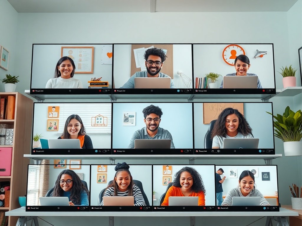 На экранах видно несколько людей, улыбающихся во время видеозвонка. Уютная обстановка, ноутбуки.