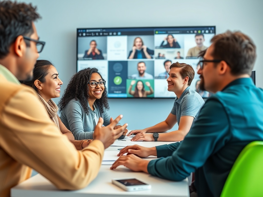 Группа людей обсуждает проект на встрече, с видеозвонком на экране. Атмосфера дружелюбная и рабочая.