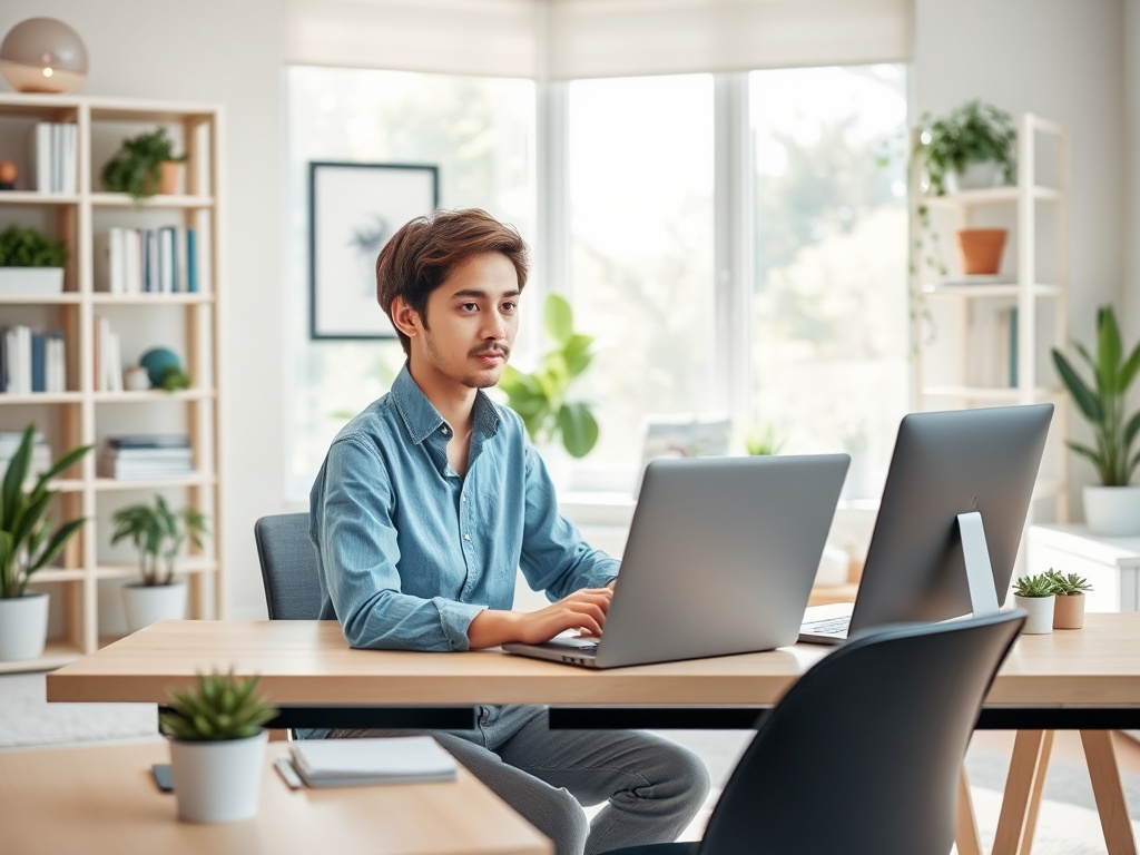 Молодой человек работает за столом с двумя компьютерами в светлом офисе, окружённом зелёными растениями.