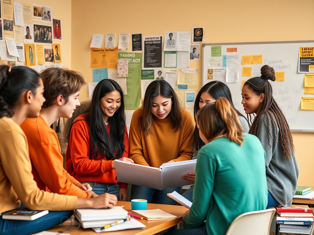 Группа молодых людей обсуждает проект, сидя за столом в классе, окруженные бумагами и заметками.