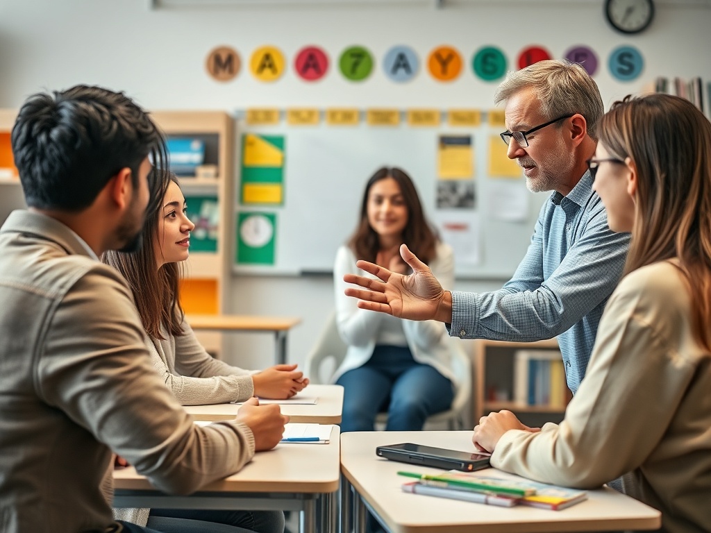 Учитель объясняет материал группе студентов в классе, участники обсуждают тему на занятии.