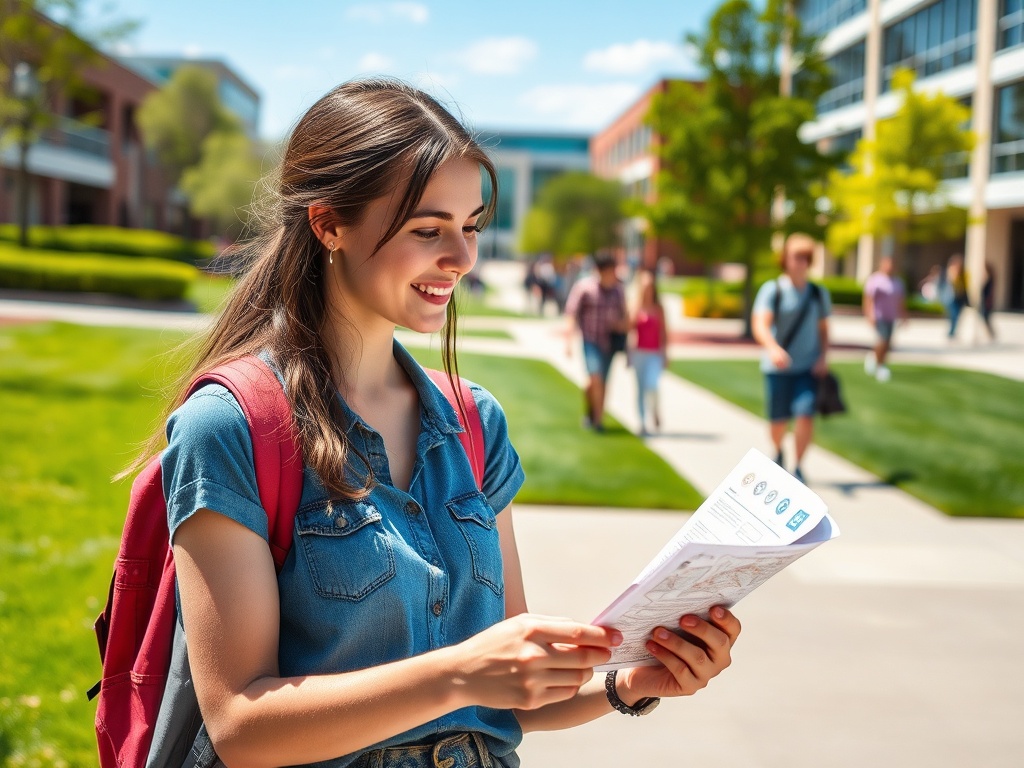 Студентка улыбается, держа карту кампуса, на фоне которой идут другие студенты в солнечный день.