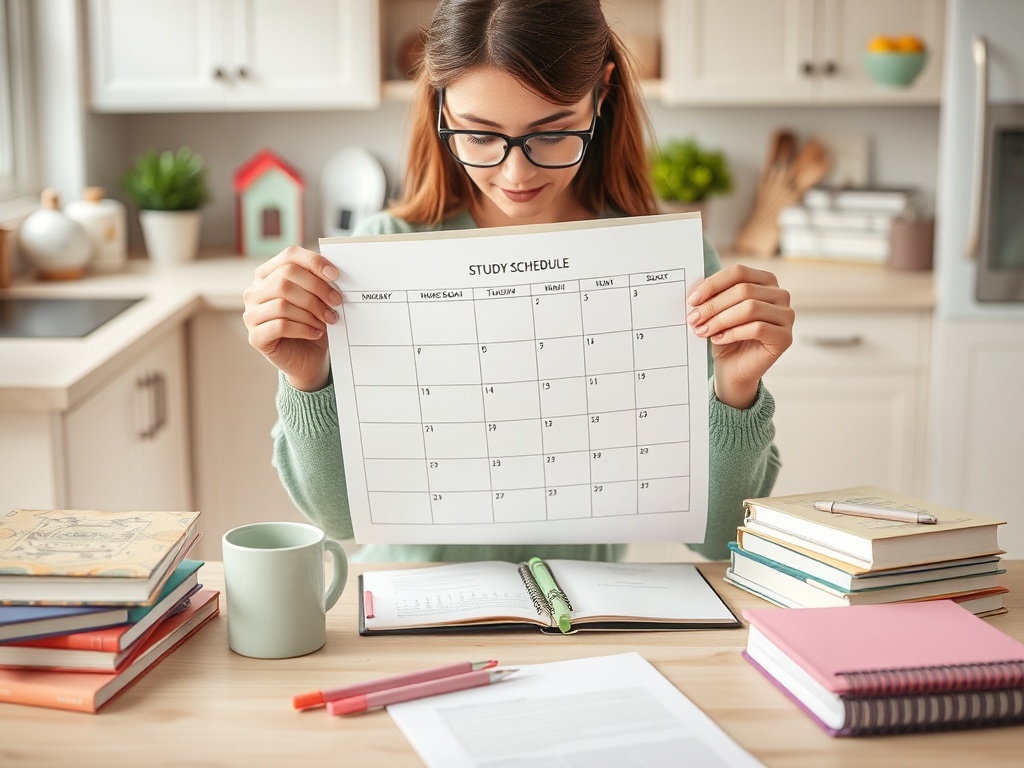 Девушка в очках держит расписание учёбы, окружённая книгами и чашкой на столе.