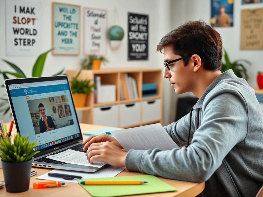 Молодой человек изучает материал за компьютером в уютном учебном пространстве с растениями и стендами.