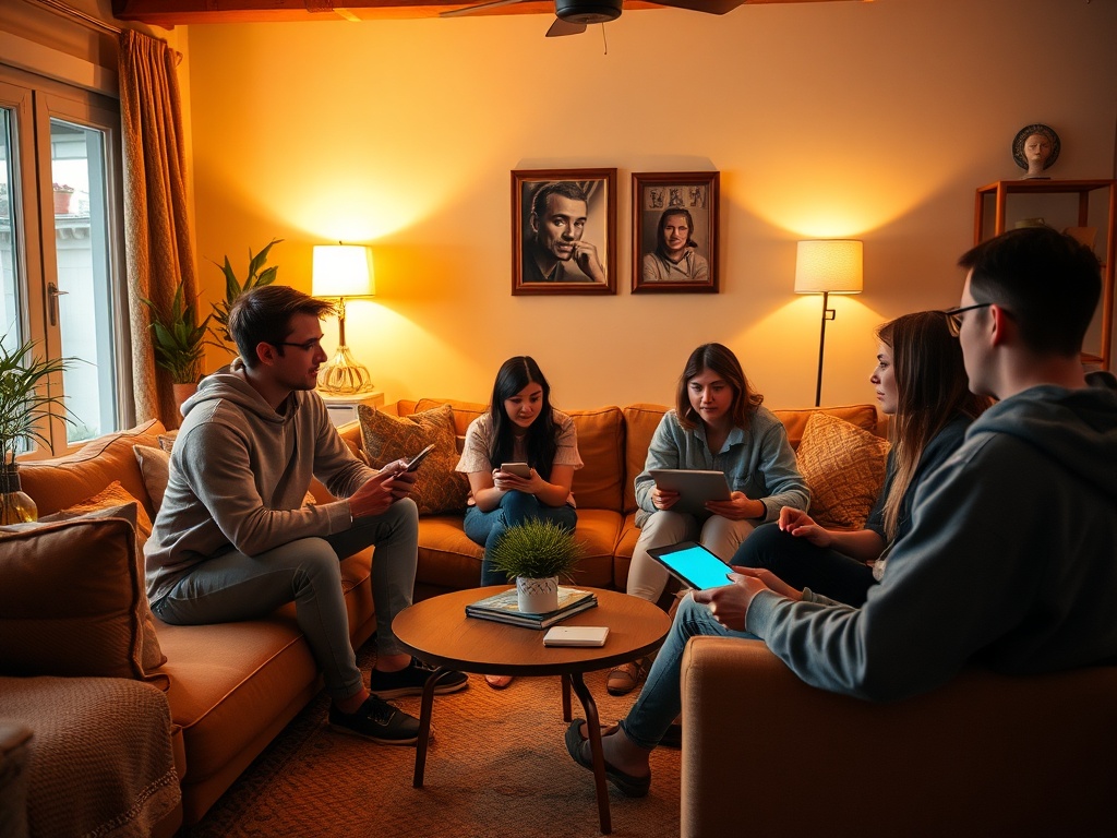 Группа молодых людей сидит на диване в уютной комнате, обсуждая что-то с гаджетами в руках.