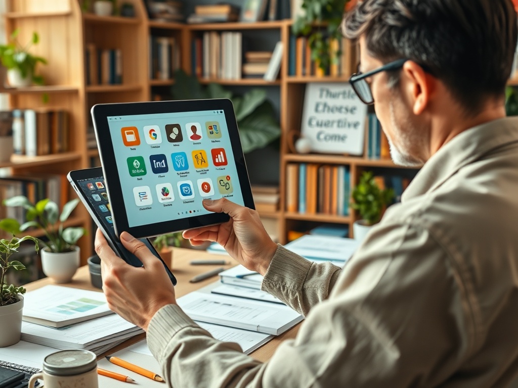 Мужчина с планшетом и смартфоном в руке работает за столом, окружённым растениями и книгами.