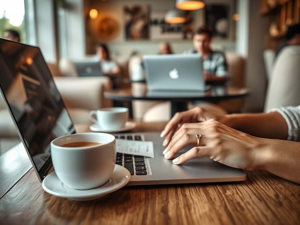 Человек в кафе работает за ноутбуком с чашкой кофе на столе. Позади видны другие посетители.