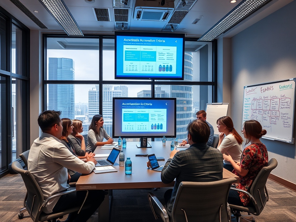 В деловой встрече участвуют семь человек, обсуждают данные на экранах и пишут на доске.