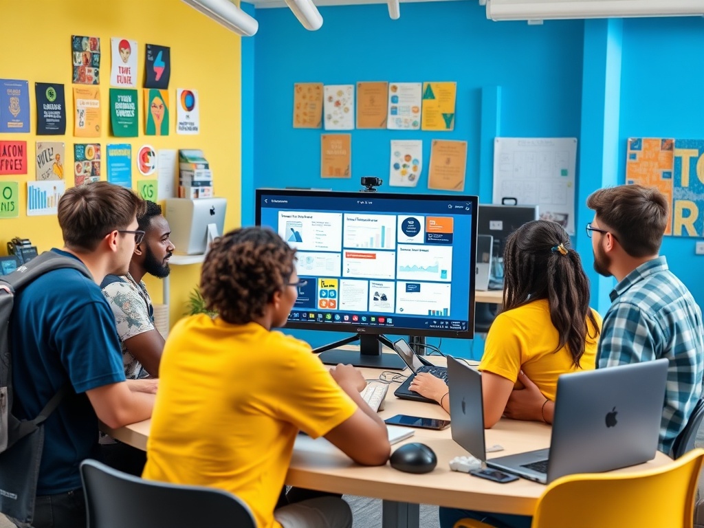 Группа студентов в обсуждении перед экраном, в ярком учебном классе с постерами на стенах.