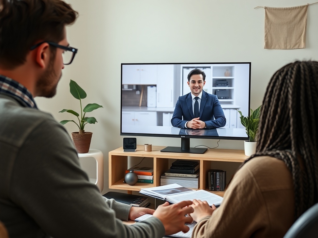 На картинке двое людей, сидящих перед телевизором, на котором транслируется мужчина в костюме.